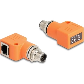 Delock M12 A-kódolt adapter 8 tűs apa - RJ45 anya Cat.5e beszerelő mélyedéssel, 90 -ban hajlított, narancssárga színű