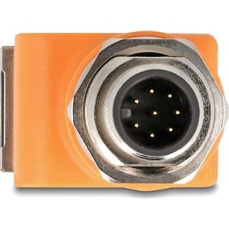 Delock M12 A-kódolt adapter 8 tűs apa - RJ45 anya Cat.5e beszerelő mélyedéssel, 90 -ban hajlított, narancssárga színű