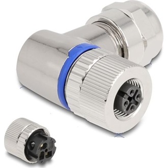 Delock M12 Csatlakozó A-kódolású, 3 tűs anya csavarozható kapcsolat 90 -os szögben fém