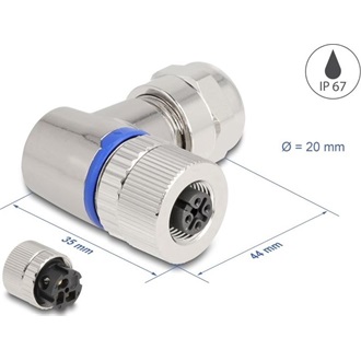 Delock M12 Csatlakozó A-kódolású, 3 tűs anya csavarozható kapcsolat 90 -os szögben fém