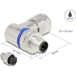 Delock M12 Csatlakozó A-kódolású, 3 tűs apa csavarozható kapcsolat 90 -os szögben fém