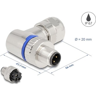 Delock M12 Csatlakozó A-kódolású, 3 tűs apa csavarozható kapcsolat 90 -os szögben fém