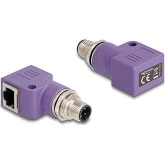 Delock M12 D-kódolt adapter 4 tűs apa - RJ45 anya Cat.5e beszerelő mélyedéssel, 90 -ban hajlított, ibolya színű