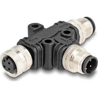 Delock M12 T-megosztó A-kódolt 4 tűs 1 x apa - 1 db. apa és 1 db. hüvely párhuzamos kapcsolással