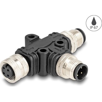 Delock M12 T-megosztó A-kódolt 4 tűs 1 x apa - 1 db. apa és 1 db. hüvely párhuzamos kapcsolással