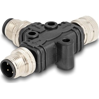 Delock M12 T-megosztó A-kódolt 4 tűs 1 x apa - 1 db. apa és 1 db. hüvely párhuzamos kapcsolással