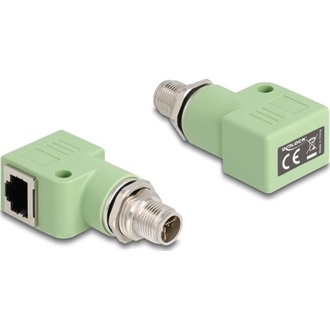 Delock M12 X-kódolt adapter 8 tűs apa - RJ45 anya Cat.5e beszerelő mélyedéssel, 90 -ban hajlított, zöld színű
