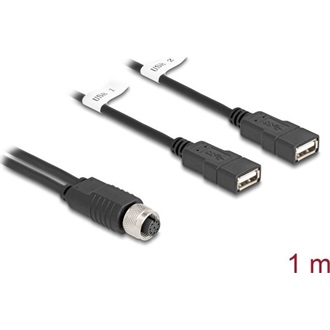 Delock M12 kábel A-kódú, 8 tűs anya- 2 x USB 2.0 A-típusú anya 1 m fekete