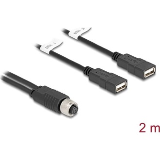 Delock M12 kábel A-kódú, 8 tűs anya- 2 x USB 2.0 A-típusú anya 2 m fekete