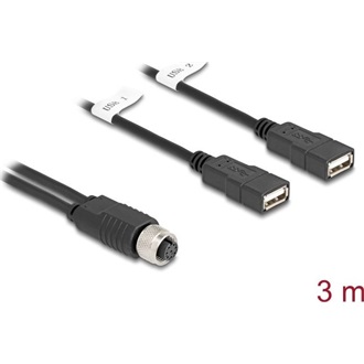 Delock M12 kábel A-kódú, 8 tűs anya- 2 x USB 2.0 A-típusú anya 3 m fekete