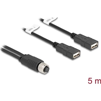 Delock M12 kábel A-kódú, 8 tűs anya- 2 x USB 2.0 A-típusú anya 5 m fekete