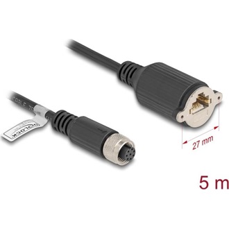 Delock M12 kábel A-kódú 8 tűs anya - RJ45 anya Cat.5e FTP installálásához 5 m, fekete