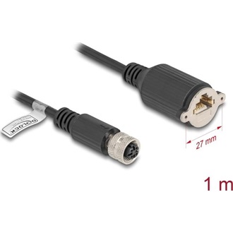 Delock M12 kábel D-kódú 4 tűs anya - RJ45 anya Cat.5e FTP installálásához 1 m, fekete
