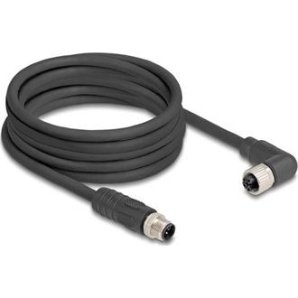 Delock M12 kábel L-kódolt 4 tűs egyenes apa   jobbra hajlított anya PUR húzóláncokhoz alkalmas 5 m fekete