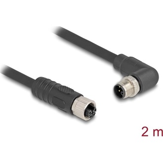 Delock M12 kábel L-kódolt 4 tűs jobbra hajlított apa   egyenes anya PUR húzóláncokhoz alkalmas 2 m fekete