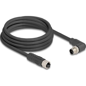 Delock M12 kábel L-kódolt 4 tűs jobbra hajlított apa   egyenes anya PUR húzóláncokhoz alkalmas 3 m fekete