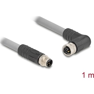 Delock M12 kábel L-kódolt 5 tűs egyenes apa   jobbra hajlított anya PUR húzóláncokhoz alkalmas 1 m szürke