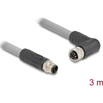Delock M12 kábel L-kódolt 5 tűs egyenes apa   jobbra hajlított anya PUR húzóláncokhoz alkalmas 3 m szürke