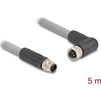 Delock M12 kábel L-kódolt 5 tűs egyenes apa   jobbra hajlított anya PUR húzóláncokhoz alkalmas 5 m szürke