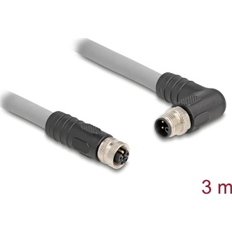 Delock M12 kábel L-kódolt 5 tűs jobbra hajlított apa   egyenes anya PUR húzóláncokhoz alkalmas 3 m szürke