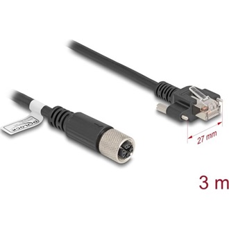 Delock M12 kábel X-kódú 8 tűs anya - RJ45 apa csavarokkal Cat.6A S/FTP 3 m hosszú fekete