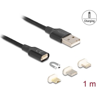 Delock Mágneses USB töltő készlet 8 tűs Lightning  / Micro USB / USB Type-C  csatlakozókkal, fekete 1 m