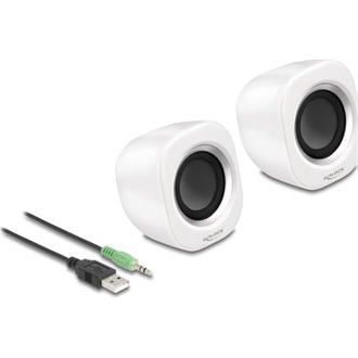 Delock Mini Sztereó személyi számítógép hangfal 3,5 mm sztereó jack apával és USB töltéssel fehér