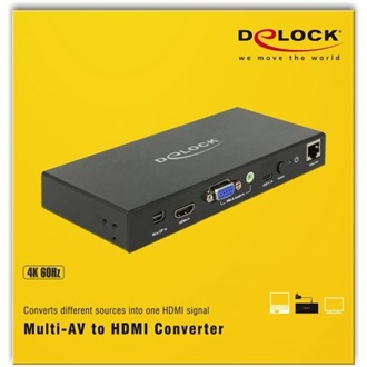 Delock Multi-AV HDMI 2.0 Displayport mini VGA -> HDMI 2.0 RJ45 CAT5e UTP F/F adapter fekete DP Alt Mode