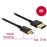Delock HDMI Ethernet -> HDMI micro D M/M video jelkábel 3m fekete 4K 60Hz