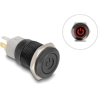 Delock Nyomó gomb beszereléshez fekete 16 mm 12 V 5 x forrasztási csatlakozás LED piros bekapcsolás szimbólum + gyűrű