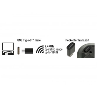 Delock Optikai USB Type-C háromgombos mini egér, 2,4 GHz-es, vezeték nélküli
