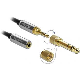 Delock Jack stereo 3,5mm (3pin) -> Jack stereo 3,5mm (3pin) M/F audio kábel hosszabbító 5m fekete +6,35mm adapter