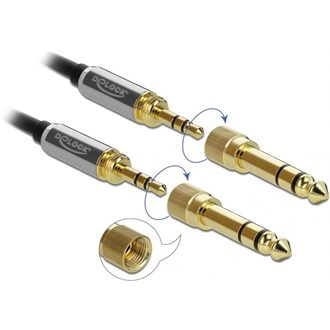 Delock Jack stereo 3,5mm (3pin) -> Jack stereo 3,5mm (3pin) M/M audio kábel 5m fekete +6,35mm adapter