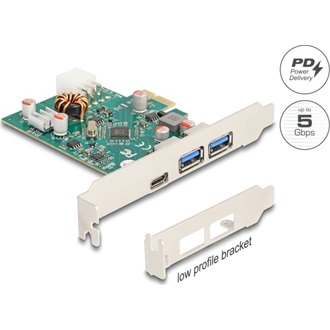 Delock PCI Express x1 kártya - 1 x külső USB Type-C  anya PD 30 W és 2 x külső A-típusú USB 5 Gbps anya