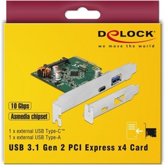 Delock PCI Express x4 kártya - 1 x külső USB Type-C? hüvely + 1 x külső A-típusú USB hüvely SuperSpe