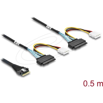 Delock PCIe 4.0 kábel Slim SAS SFF-8654 8i   2 x U.2 SFF-8639 hüvely + tápcsatlakozó, 0,5 m