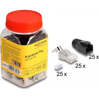Delock RJ45 Moduláris csatlakozó feszültség mentesítővel Cat.6A, Cat.7 és hajlítás védővel 25 db