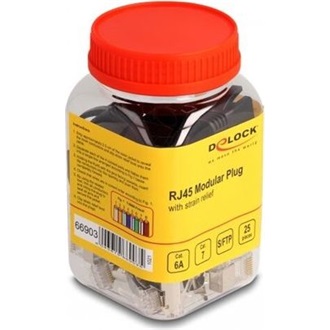 Delock RJ45 Moduláris csatlakozó feszültség mentesítővel Cat.6A, Cat.7 és hajlítás védővel 25 db