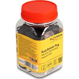 Delock RJ45 Moduláris csatlakozó feszültség mentesítővel Cat.8.1 és hajlítás védő papucsokkal 25 db.-os szett
