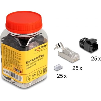 Delock RJ45 Moduláris csatlakozó feszültség mentesítővel Cat.8.1 és hajlítás védő papucsokkal 25 db.-os szett