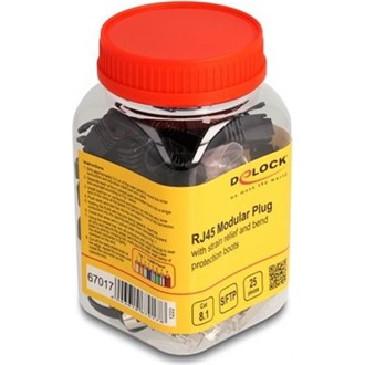 Delock RJ45 Moduláris csatlakozó feszültség mentesítővel Cat.8.1 és hajlítás védő papucsokkal 25 db.-os szett