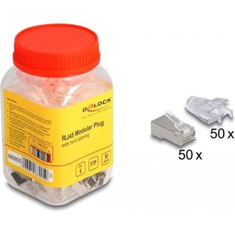 Delock RJ45 Moduláris csatlakozó frontális nyílással Cat.6 és hajlítás védő borítással 50 db