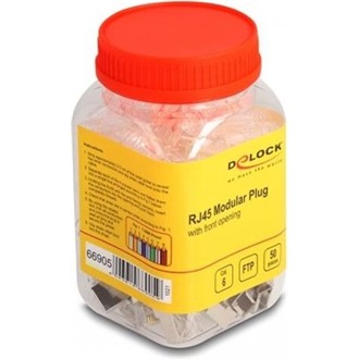 Delock RJ45 Moduláris csatlakozó frontális nyílással Cat.6 és hajlítás védő borítással 50 db