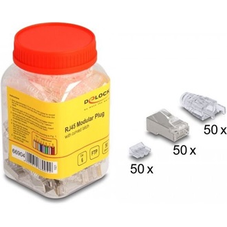 Delock RJ45 Moduláris csatlakozó hajlított kilinccsel Cat.6 és hajlítás védő borítással 50 db