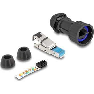 Delock RJ45 apa összeállítás Cat.6A átvezető csatolóval IP68 por és vízhatlan fekete