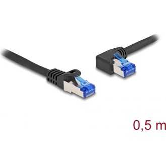 Delock RJ45 CAT6A S/FTP -> RJ45 CAT6A S/FTP M/M adatkábel 0.5m fekete 90° egyenes/bal