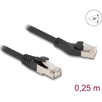 Delock RJ45 hálózati kábel Cat.8.1 S/FTP 45 -ben balra hajlított apa   egyenes apa, akár 40 Gbps, 0,25 m, fekete