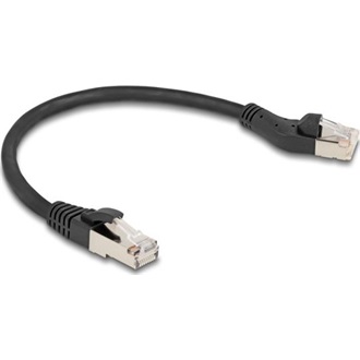 Delock RJ45 hálózati kábel Cat.8.1 S/FTP 45 -ben balra hajlított apa   egyenes apa, akár 40 Gbps, 0,25 m, fekete