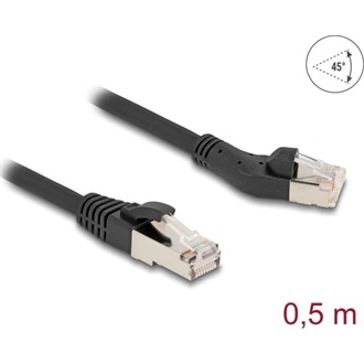 Delock RJ45 hálózati kábel Cat.8.1 S/FTP 45 -ben balra hajlított apa   egyenes apa, akár 40 Gbps, 0,5 m, fekete