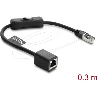 Delock RJ45 kábel, dugós csatlakozó aljzat, kapcsolóval, Cat.6 F/UTP, 0,3 m   fekete